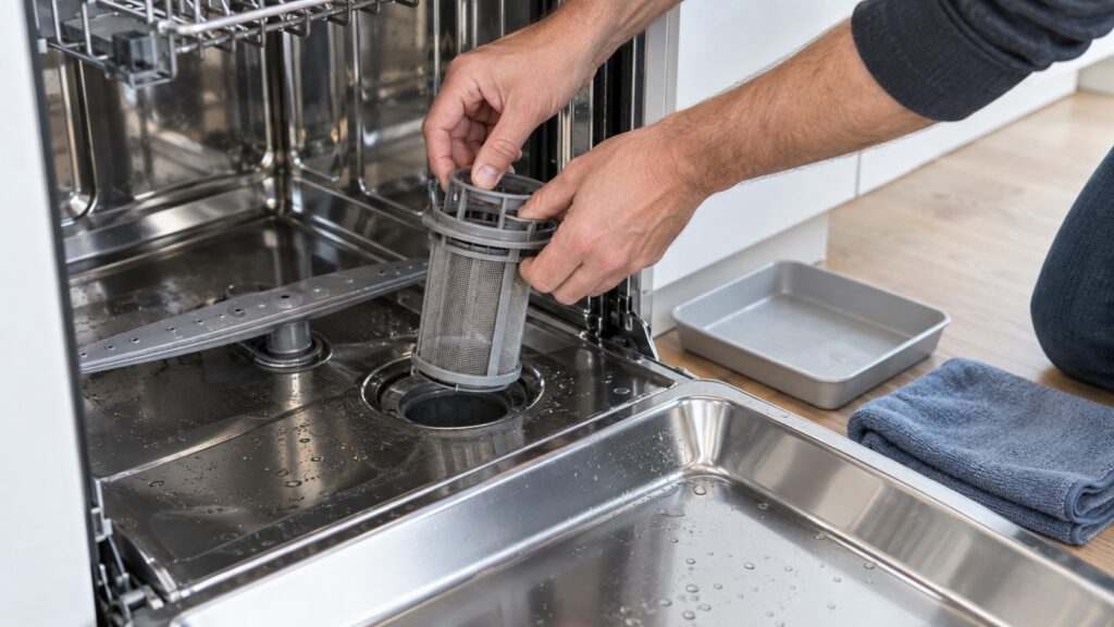 Hands lifting the cylindrical mesh filter assembly out of the base of an open stainless steel dishwasher tub