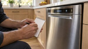 A service technician's hands holding a small notepad beside the lit control display of a built-in stainless steel dishwasher