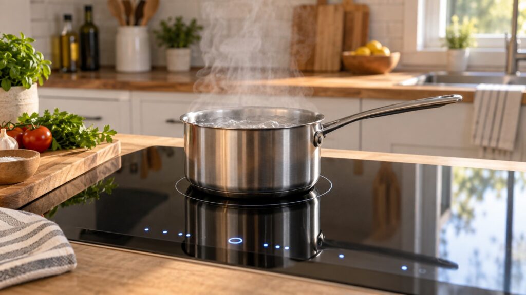 A flat-bottomed stainless steel pan sitting on the marked zone of a black induction cooktop with the control panel lit