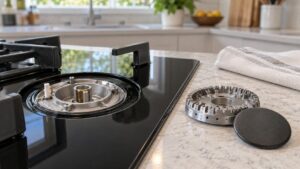 A gas burner crown and cap lifted off a black glass Miele cooktop and set down beside it on a kitchen counter