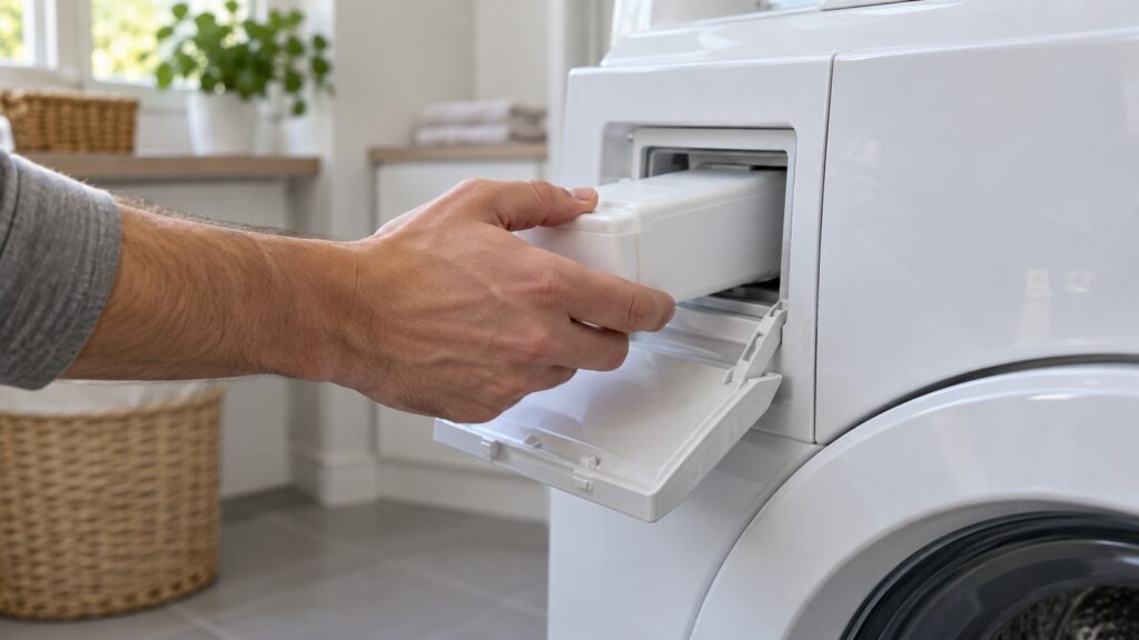 A hand sliding a detergent cartridge into the dosing compartment behind the open flap of a front-load washing machine