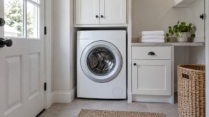 A compact white front-load washing machine built into a laundry alcove with a folded stack of towels beside it