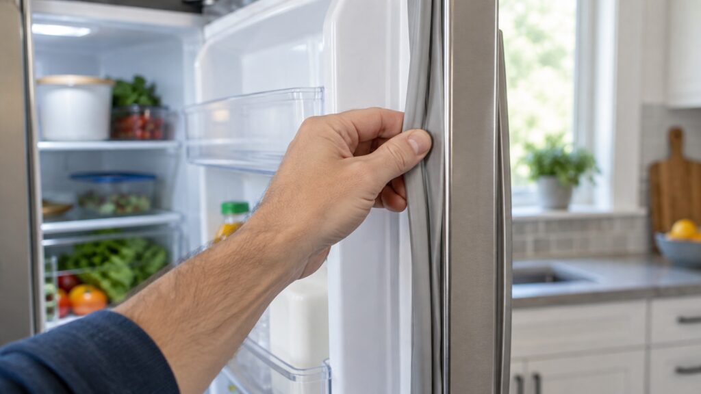 A hand checking the magnetic door seal along the edge of an open refrigerator door