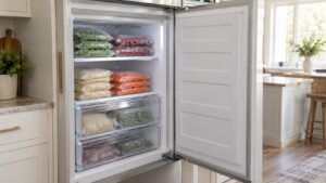 The open freezer compartment of a tall built-in refrigerator with clear frost-free walls and neatly stacked sealed food bags