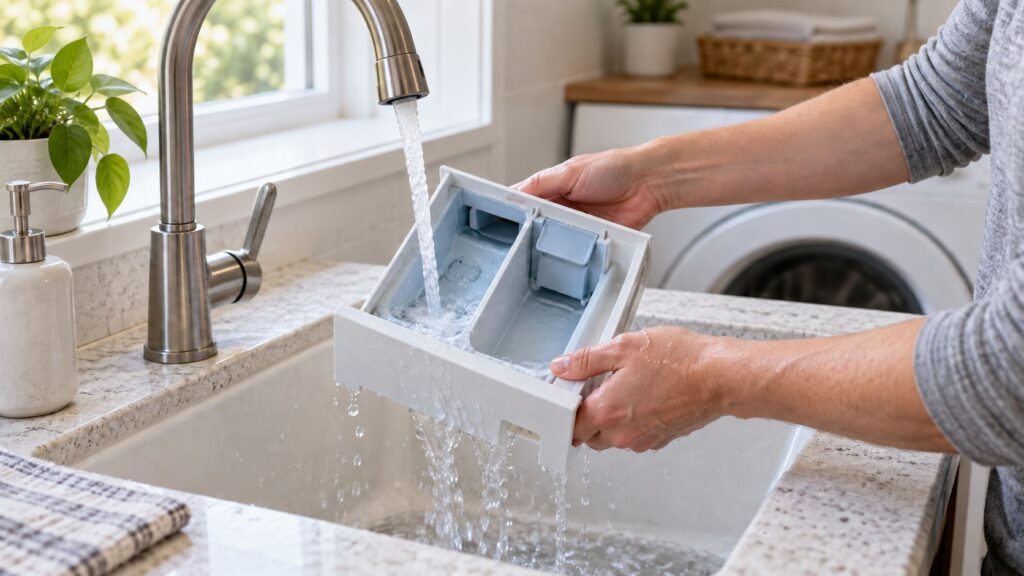 A dispenser drawer removed from a washing machine and rinsed under running water in a utility sink