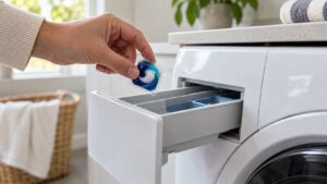 A small sealed laundry capsule held between two fingers above the open dispenser drawer of a front-load washing machine