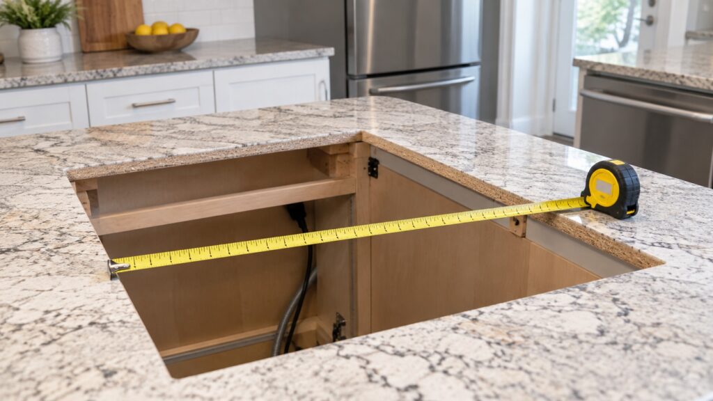 A rectangular cut-out in a stone kitchen countertop with a tape measure laid across it and cabinetry visible below