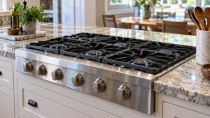 A professional stainless steel gas rangetop with heavy cast iron grates seated in a stone kitchen counter with no oven below it