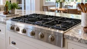 A professional stainless steel gas rangetop with heavy cast iron grates seated in a stone kitchen counter with no oven below it