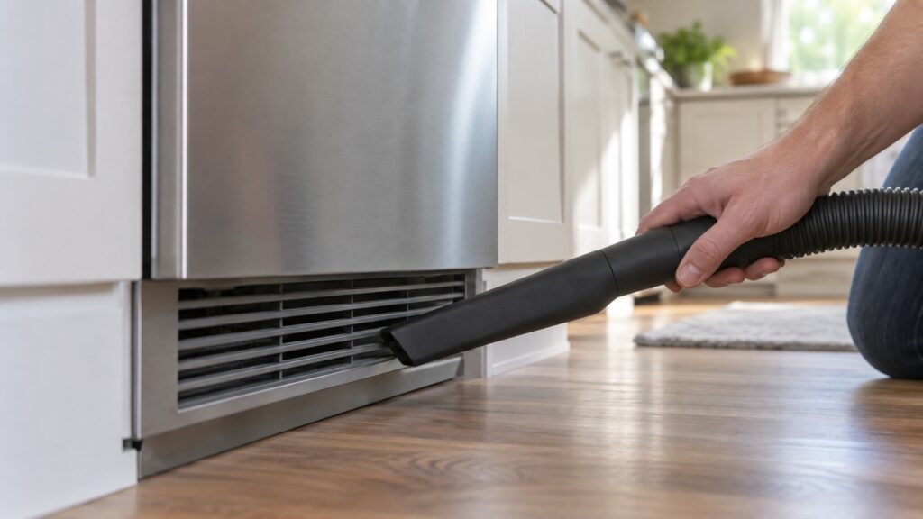 A vacuum cleaner nozzle held against the ventilation grille at the base of a built-in kitchen appliance