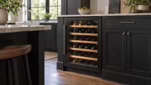A built-in wine cabinet with a glass door and horizontal wooden shelves holding bottles on their sides in a dark kitchen cabinetry run