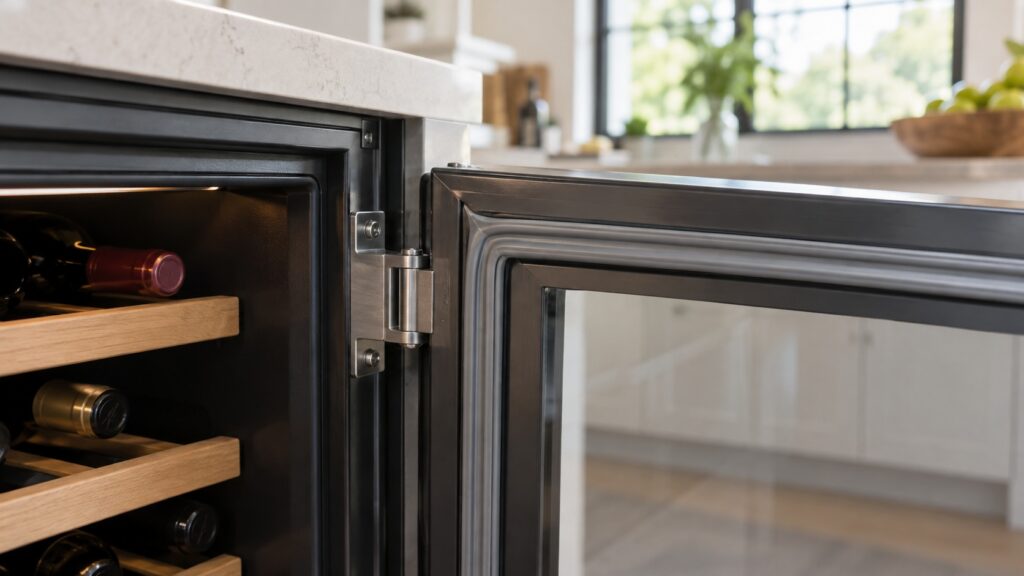 A close-up of the hinge side of an open wine cabinet door showing the magnetic seal along the frame