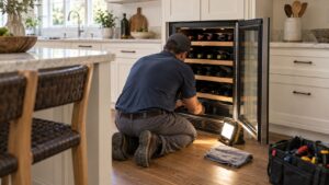 A technician kneeling beside an open built-in wine cabinet with a work light and a folded cloth on the floor, bottles still on the shelves
