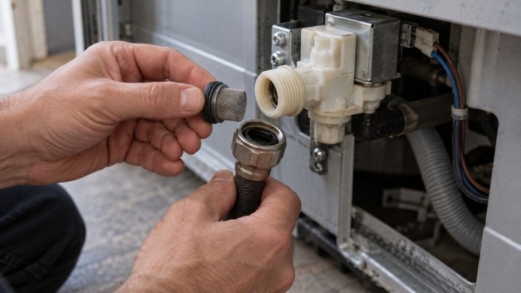A close view of a dishwasher water inlet valve with its mesh screen unthreaded from the supply hose coupling