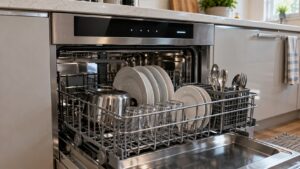 The lit control panel of an open built-in stainless steel dishwasher with the lower rack pulled forward