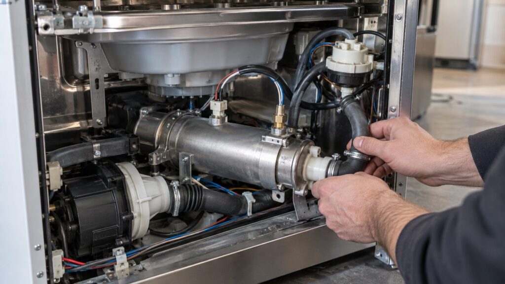 A close view of a flow-through dishwasher heater with its pressure switch and temperature sensor connected in the circulation path