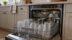 An open dishwasher with a rack of glassware that still carries a dull film, lit control panel showing a fault code