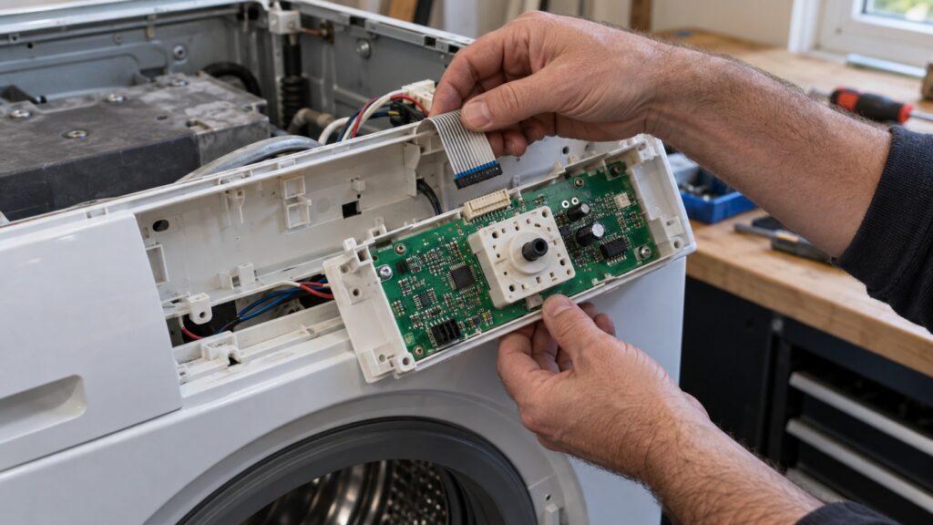 A washer program selector board with its ribbon connector lifted away from the back of the control panel