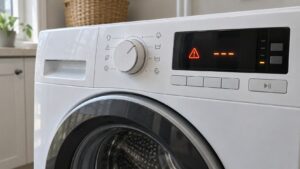 The control panel of a front-loading Miele W1 washer with the rotary program selector and a fault code on the display
