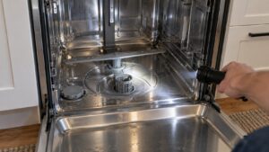 The open tub of a stainless steel dishwasher with the lower rack removed and a flashlight beam on the filter recess