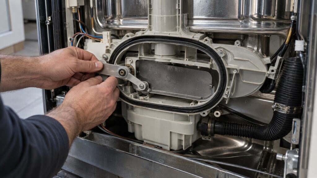 A close view of the slide shutter and its drive in the water distribution housing at the rear of a dishwasher tub