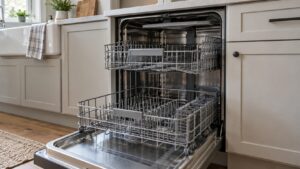 An open Miele dishwasher with both racks pulled out and the third-level spray bar visible above them