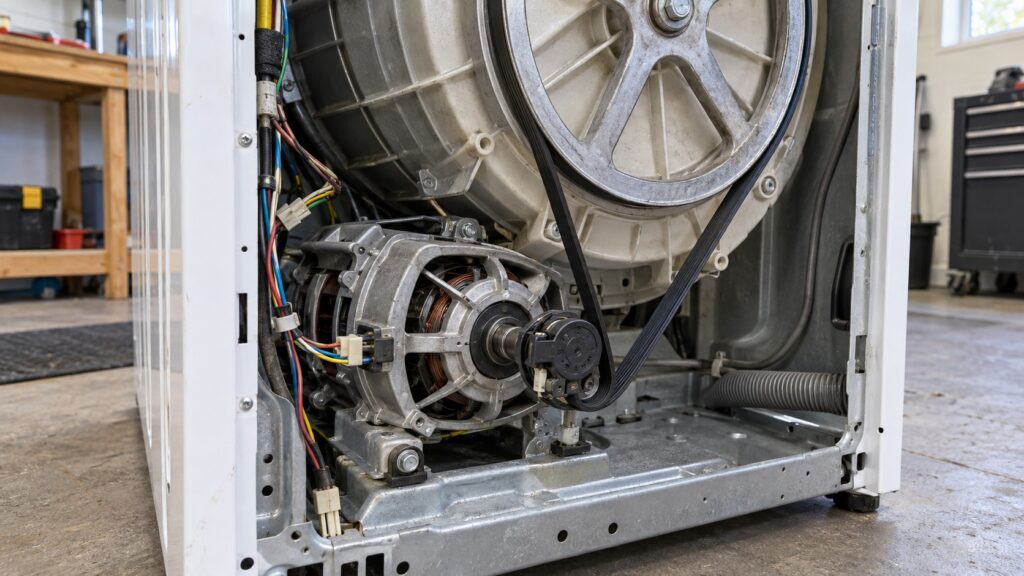 A washer drive motor with its tacho speed sensor and belt seen through the removed rear panel