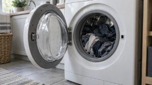 An open front-loading Miele washer door with heavy wet laundry still in the drum at the end of a cycle