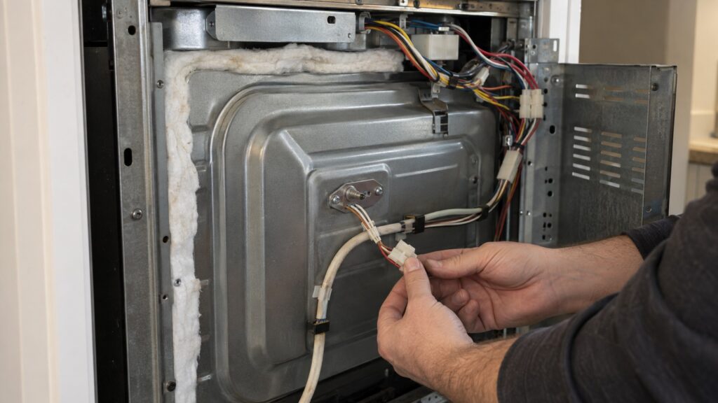 The open back panel of a wall oven showing a sensor wiring harness near the cavity