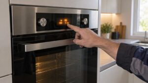A technician's hand pointing at an unreadable glowing fault code on a built-in wall oven's control display