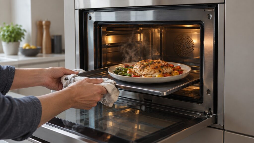 Food on a plate coming out of an open speed oven