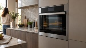 A built-in speed oven with a touch display in a modern kitchen wall