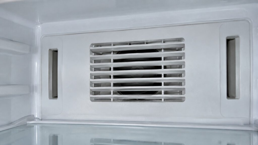 Close-up of a refrigerator's internal fan vent
