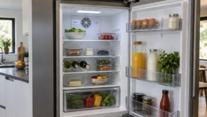 An open built-in refrigerator with a small fan visible at the back of the interior