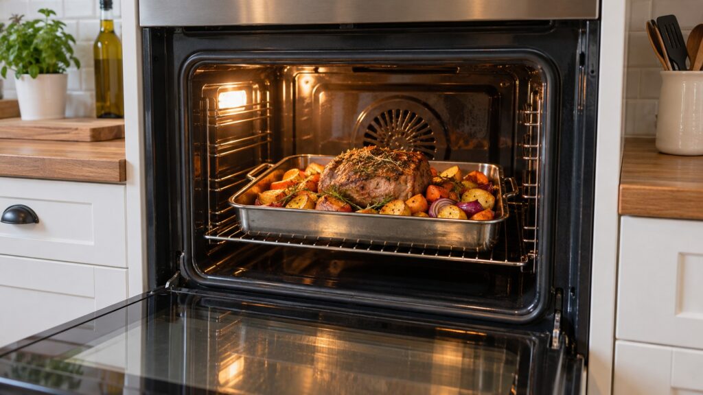 A tray of food roasting inside an open oven cavity