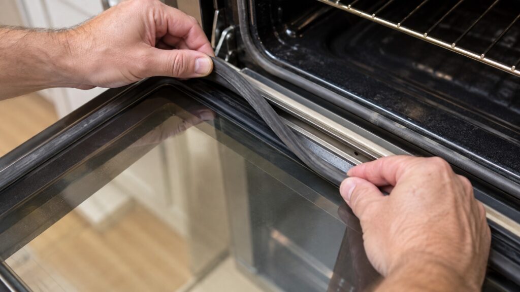 Close-up of an oven door gasket with a section pulled back