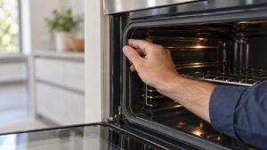 A hand running along the rubber door seal of an open wall oven
