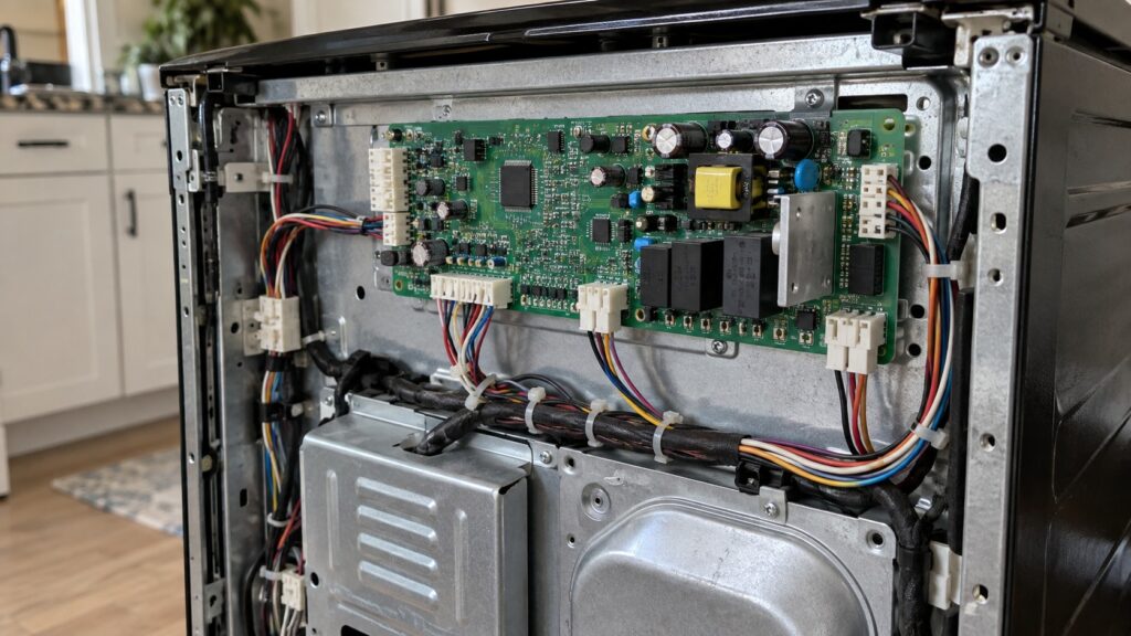 Close-up of a range's control board mounted behind the back panel