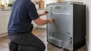 A technician inspecting the back panel of a freestanding range