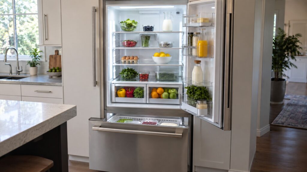 An open built-in refrigerator with a bright interior, glass shelves and a freezer drawer below