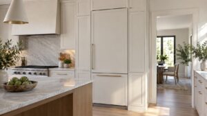 A tall built-in refrigerator-freezer finished with a cabinet panel in a bright modern kitchen