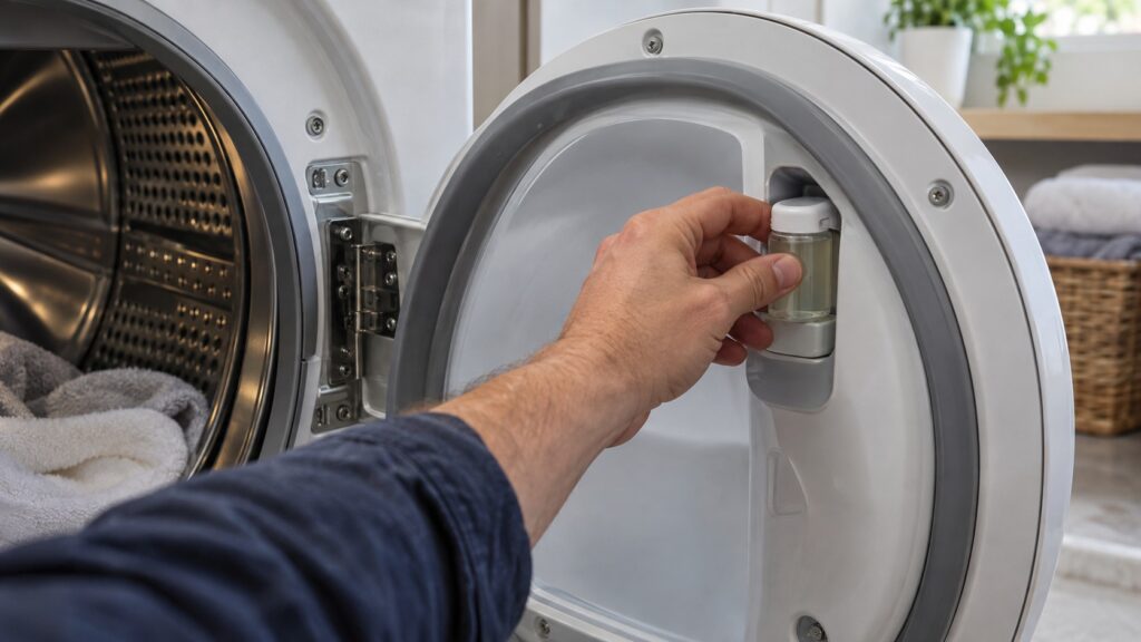 A small fragrance flacon being fitted into a slot inside the door area of a front-loading dryer