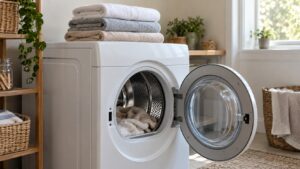 A folded stack of soft fresh towels on a dryer with the door open