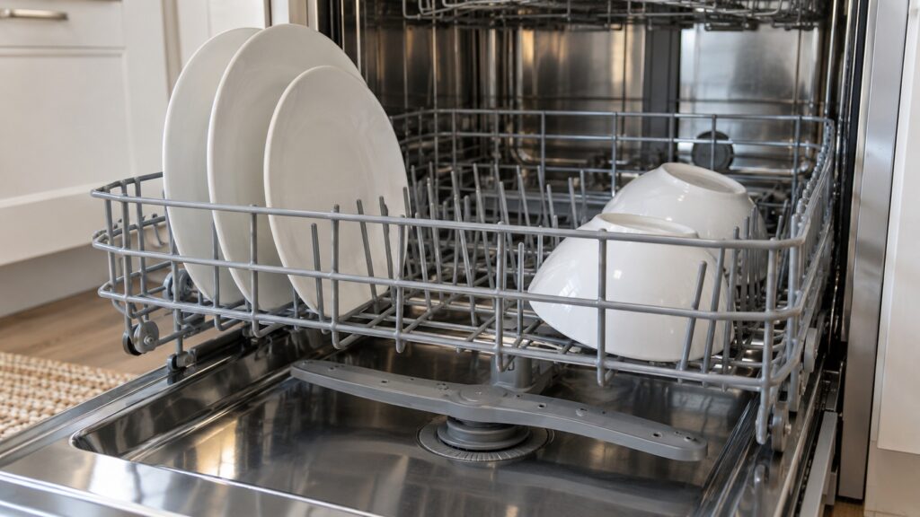 The lower rack of a dishwasher with a few plates and bowls and the spray arm visible beneath