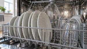 A dishwasher rack of everyday plates and glasses with water droplets in a cleaning cycle