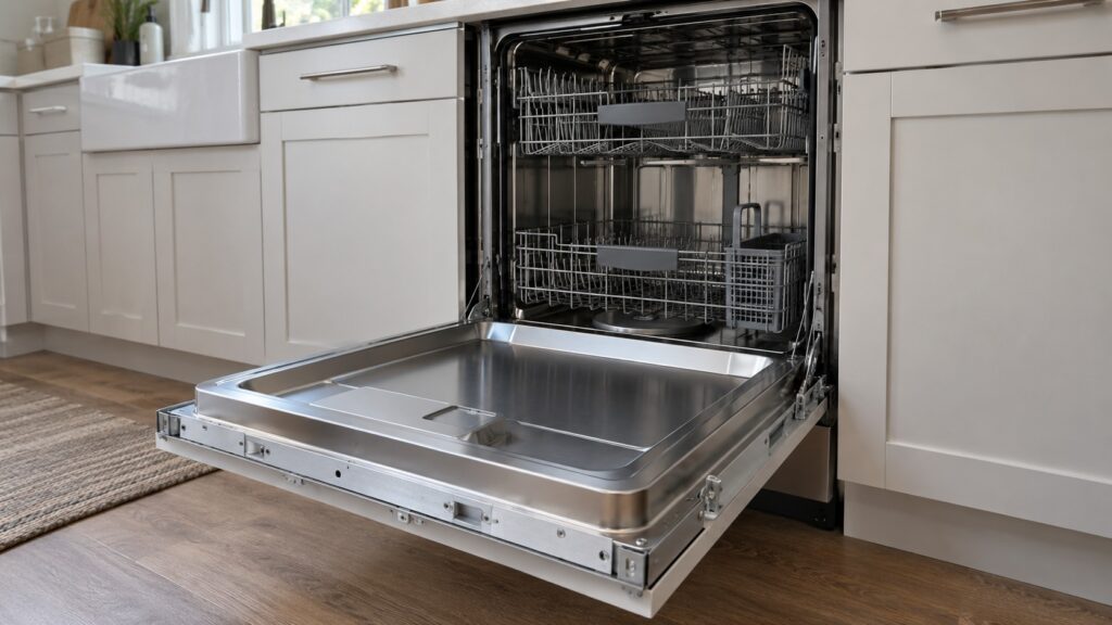The open door of a built-in dishwasher showing the inner frame where a custom panel is attached