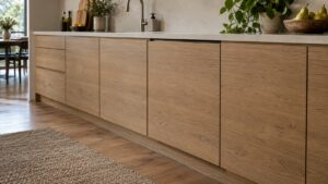 A fully integrated dishwasher in a cabinet run with a wood panel door that matches the cabinets