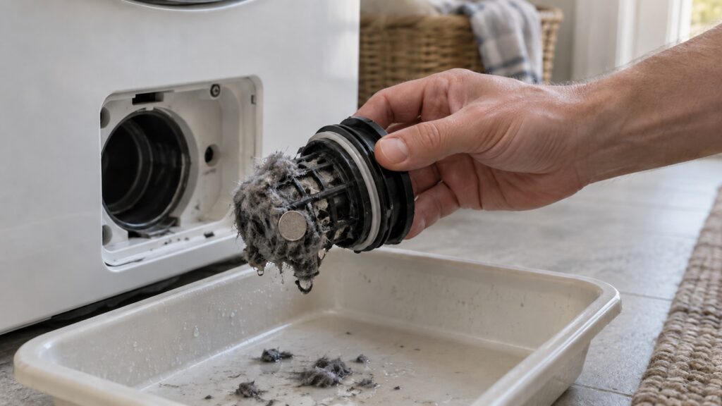 A hand holding a removed filter cap with clumps of lint and a coin stuck to it over a shallow pan