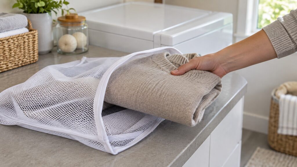 A hand placing a folded sweater into a mesh laundry bag on a laundry room counter