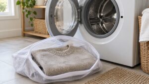 A soft folded wool sweater in a mesh laundry bag beside an open front-loading washer